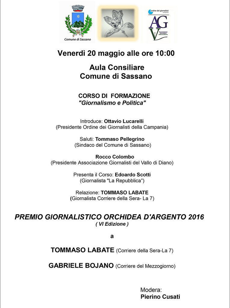 Sassano: il 20 maggio premio Orchidea d’Argento 2016 e corso di formazione “Giornalismo e Politica”