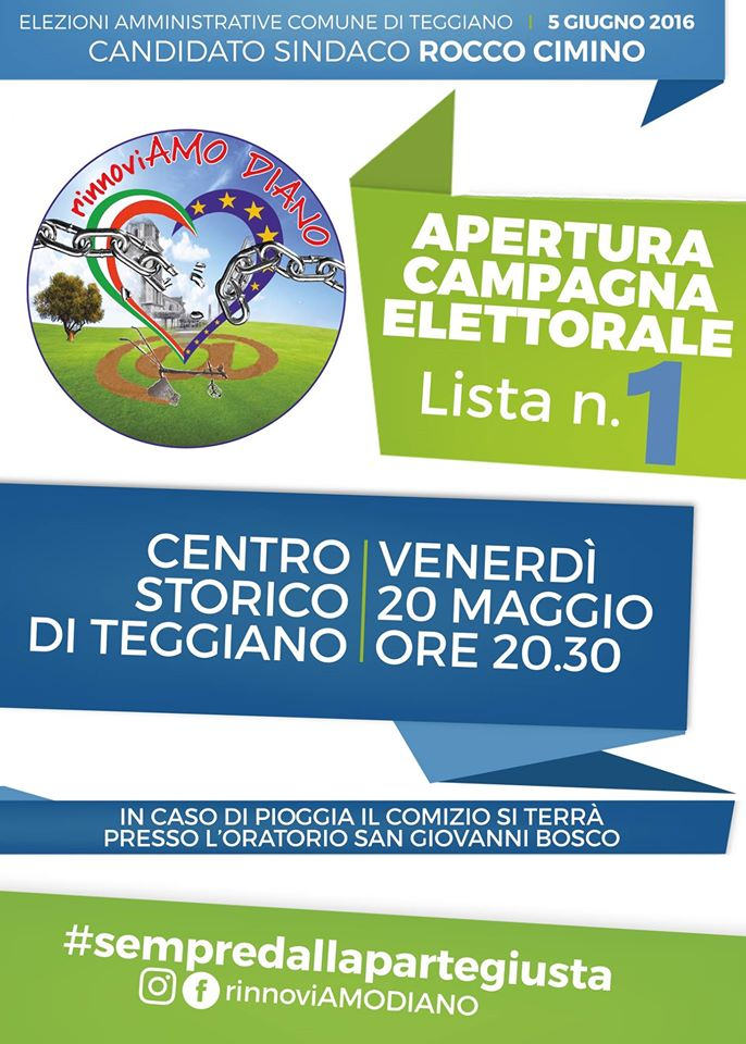 Elezioni Teggiano. La lista “RinnoviAmo Diano” apre domani sera la campagna elettorale nel centro storico