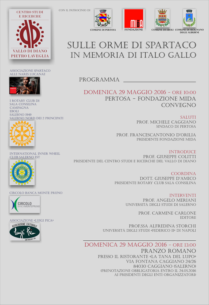 Pertosa: il 29 maggio convegno “Sulle Orme di Spartaco. In memoria di Italo Gallo”