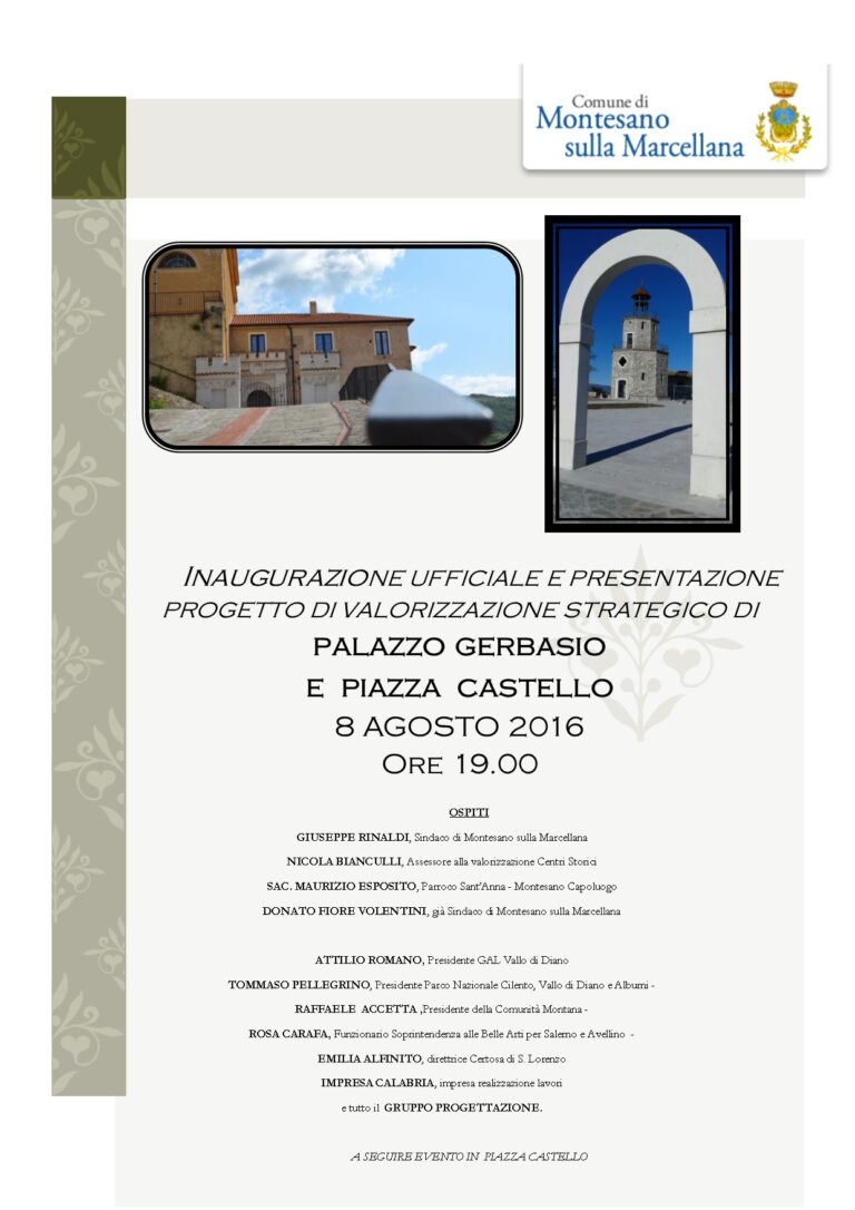 Montesano: domani inaugurazione di Palazzo Gerbasio e Piazza Castello