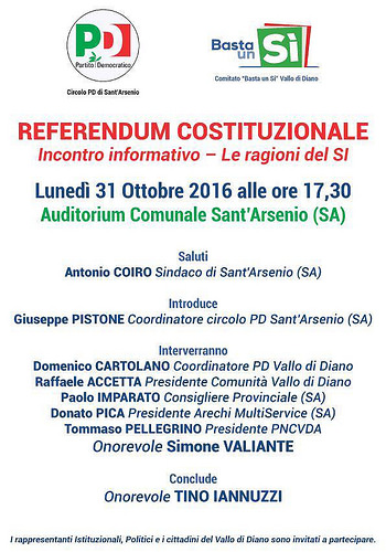 Sant’Arsenio: il 31 ottobre incontro informativo sulle ragioni dei SI al Referendum