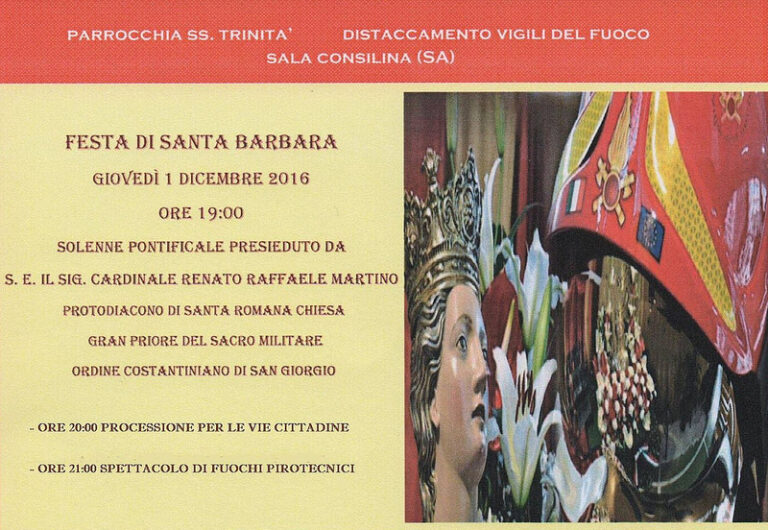 Sala Consilina: domani festeggiamenti per Santa Barbara, patrona dei Vigili del Fuoco