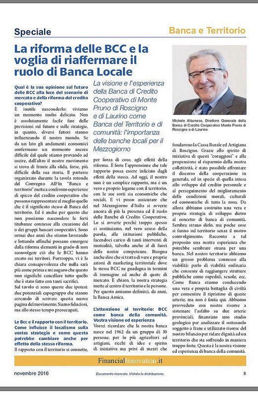 Riforma delle BCC:su”Financial Innovation” l’intervento del Direttore Michele Albanese