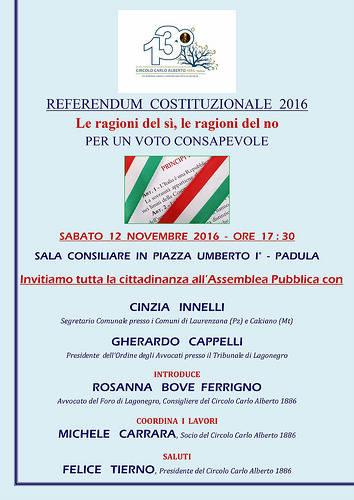 Padula: domani incontro sul Referendum organizzato del “Circolo Carlo Alberto 1886”