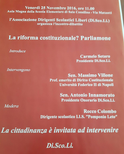 Sala Consilina: Dirigenti scolastici a confronto, domani, sulla riforma costituzionale