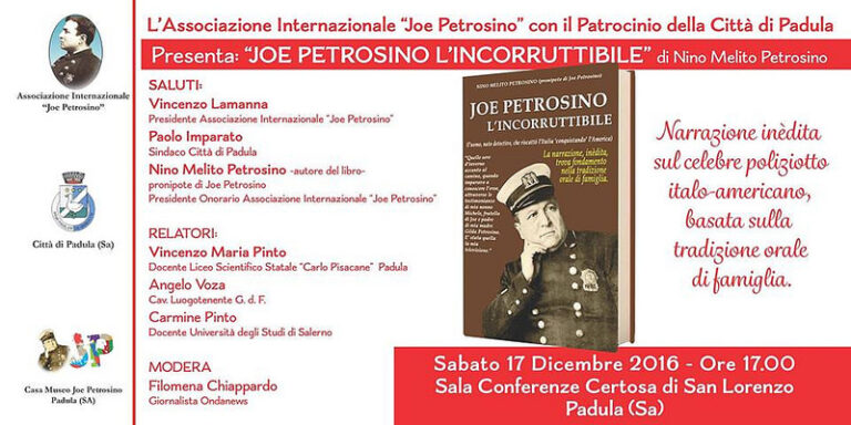 Padula: il 17 dicembre presentazione del libro “Joe Petrosino l’incorruttibile”