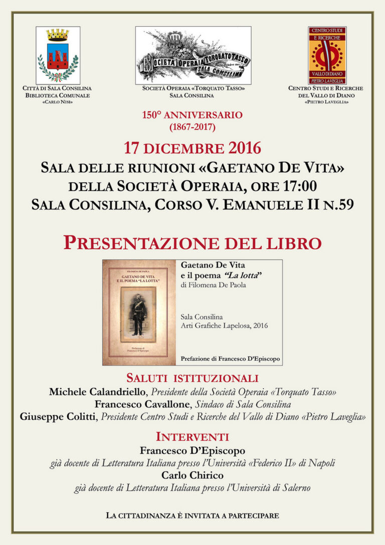 Sala Consilina: il 17 dicembre presentazione di “Gaetano De Vita e il poema La lotta”