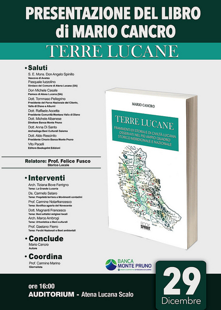 Atena Lucana: oggi la presentazione del libro“Terre Lucane”promossa da Banca Monte Pruno