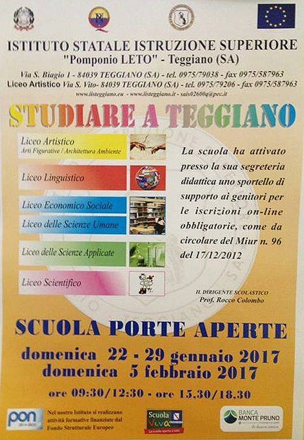 Teggiano: domani Open day al “Pomponio Leto”. Lunedì ultimo giorno per le iscrizioni