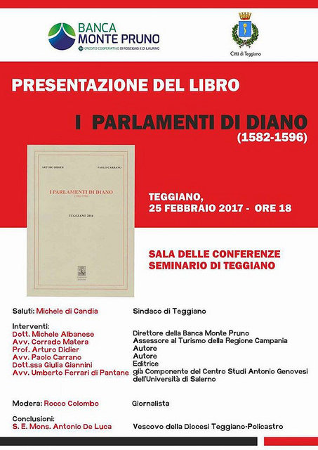 Teggiano: il 25 febbraio presentazione del libro “I Parlamenti di Diano” di Didier e Carrano