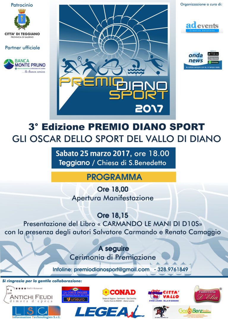 Teggiano: il 25 marzo terza edizione del “Premio Diano Sport”