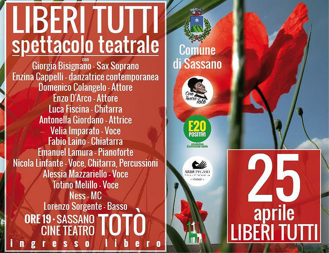 Sassano: domani al Cine Teatro “Totò” lo spettacolo “Liberi Tutti” per commemorare il 25 aprile