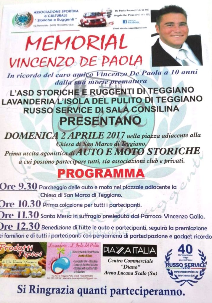 Teggiano: domani il Memorial in ricordo di Vincenzo De Paola con auto e moto storiche