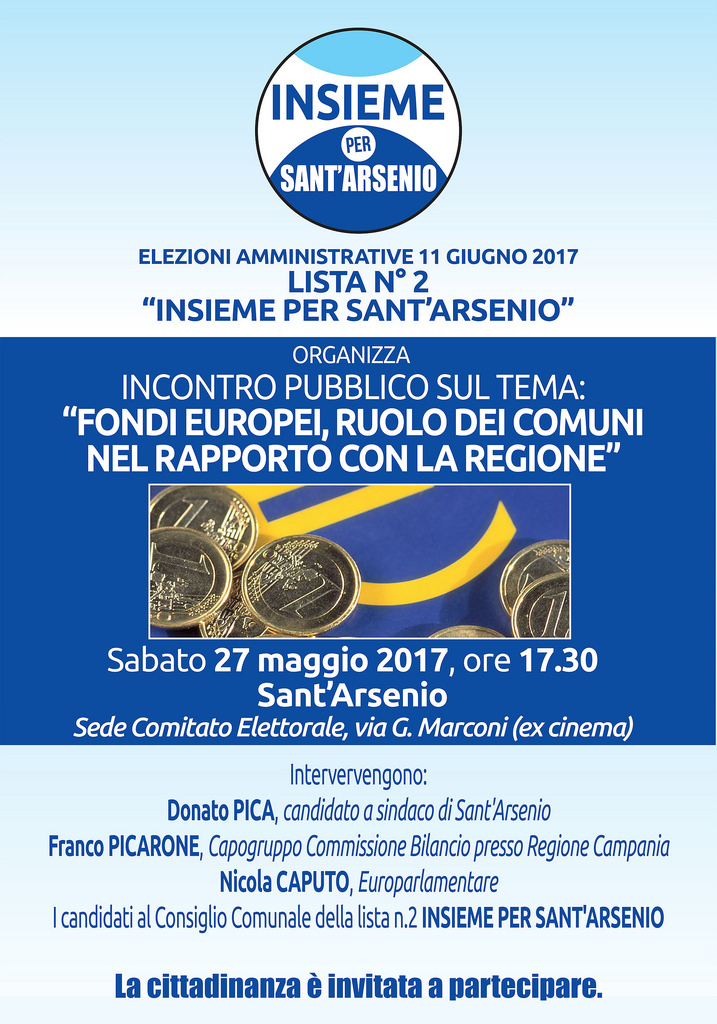 Sant’Arsenio: il 27 maggio incontro “Fondi Europei, ruolo dei Comuni nel rapporto con la Regione”