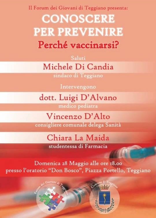 Teggiano: il 28 maggio si discute di vaccinazioni con il Forum dei Giovani