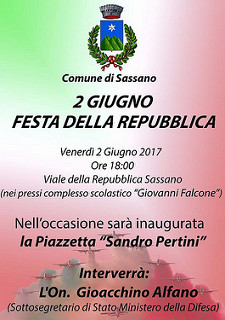 Sassano: domani inaugurazione della Piazzetta “Sandro Pertini” con il Sottosegretario Alfano