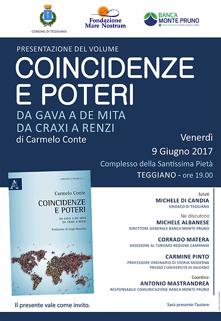 Teggiano: il 9 giugno presentazione del volume “Coincidenze e Poteri” di Carmelo Conte