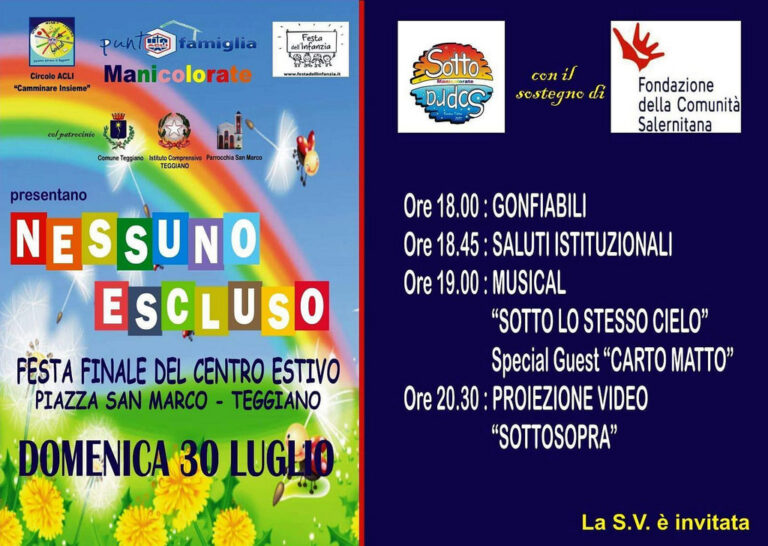 Teggiano: il 30 luglio festa di chiusura del Centro Estivo del Punto Famiglia ACLI “Manicolorate”