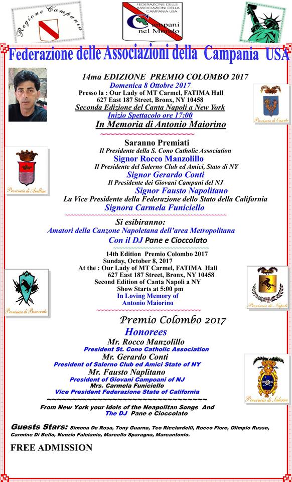 Al Presidente del Club San Cono di New York Rocco Manzolillo il “Premio Colombo” negli USA