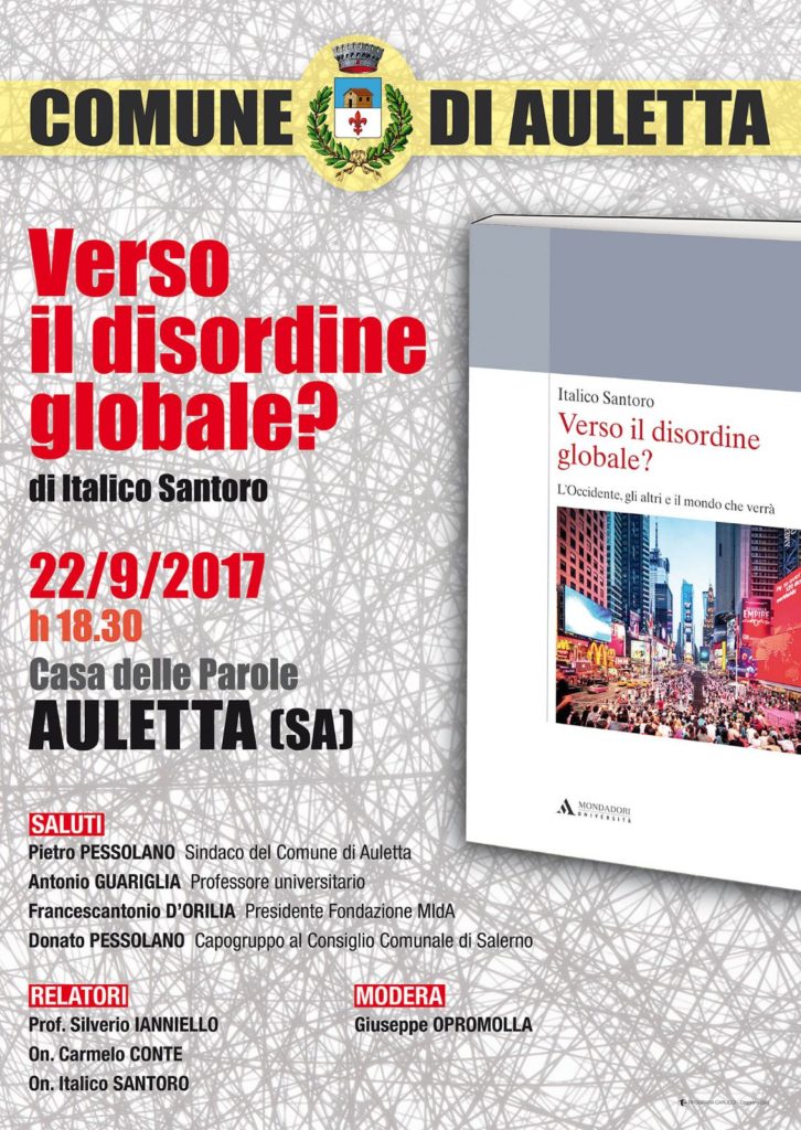 Auletta: il 22 settembre presentazione del libro “Verso il Disordine globale” di Italico Santoro