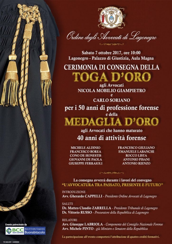 Tribunale di Lagonegro. Il 7 ottobre cerimonia di consegna delle toghe e medaglie d’oro