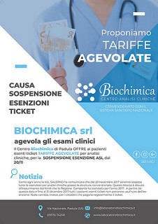 Esenzioni ticket sospese. Al Centro Analisi Biochimica importanti agevolazioni per i pazienti