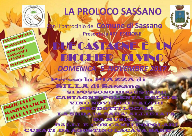 Sassano: il 5 novembre “Due castagne e un bicchiere di vino” insieme alla Proloco