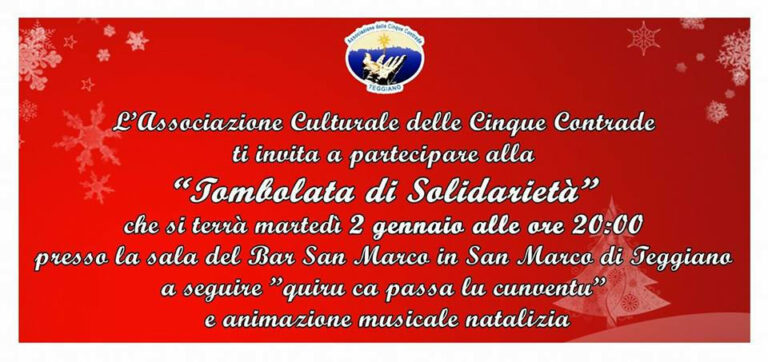 Teggiano: il 2 gennaio la “Tombolata di Solidarietà” dell’Associazione Culturale delle Cinque Contrade