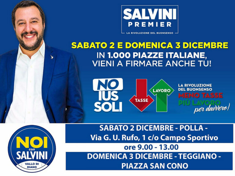 Il 2 e 3 dicembre “Noi con Salvini Vallo di Diano” scende in piazza per firmare contro lo Ius Soli