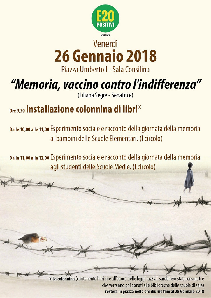 Sala Consilina: il 26 gennaio l’incontro “Memoria, vaccino contro l’indifferenza” di E20positivi