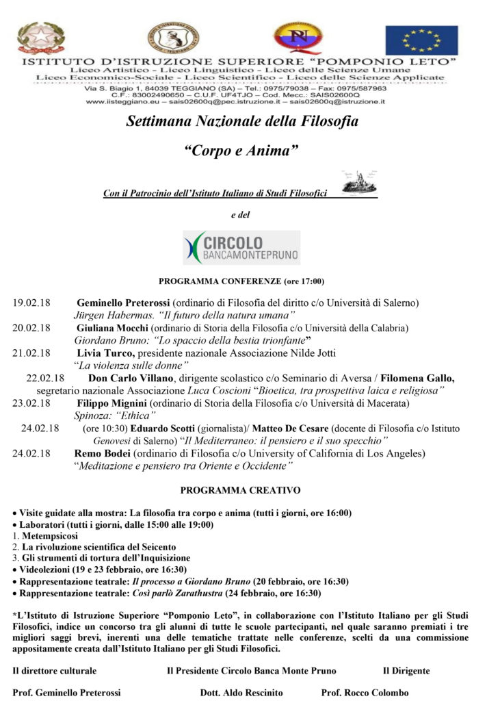 Settimana della Filosofia al “Pomponio Leto” di Teggiano. Il 22 gennaio conferenza stampa del progetto