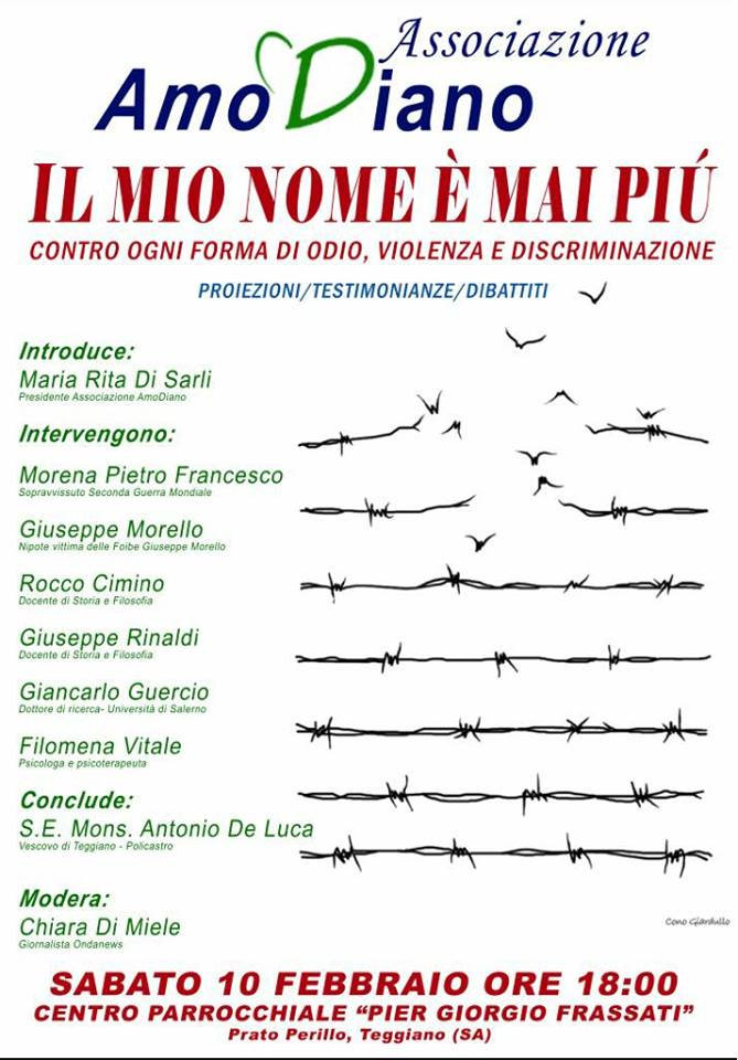 Teggiano: il 10 febbraio l’incontro “Il mio nome è mai più” contro odio, violenza e discriminazione