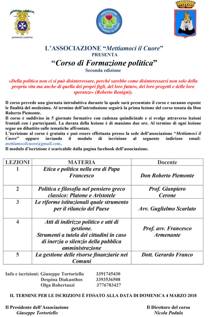 Formazione politica a San Gregorio Magno. Al via il corso dell’associazione “Mettiamoci il Cuore”