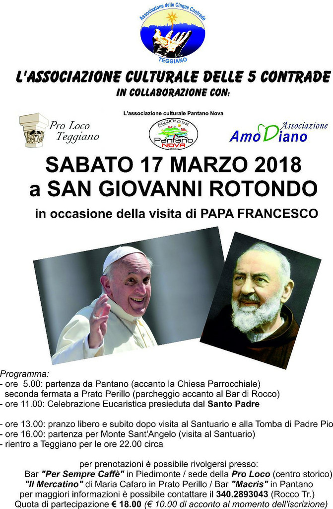 Papa Francesco a San Giovanni Rotondo. L’Associazione delle 5 Contrade di Teggiano organizza il viaggio