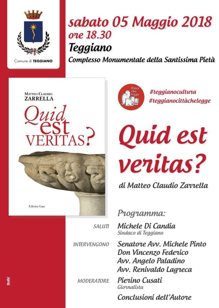 Teggiano: domani presentazione del libro “Quid est veritas?” di Matteo Claudio Zarrella