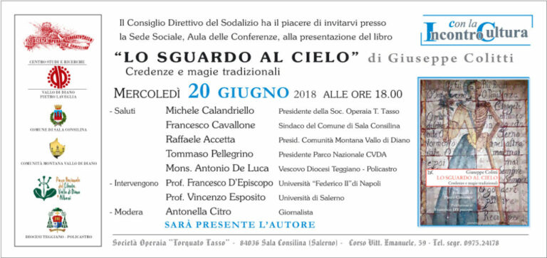 Sala Consilina:il 20 giugno presentazione del libro “Lo sguardo al cielo. Credenze e magie tradizionali”