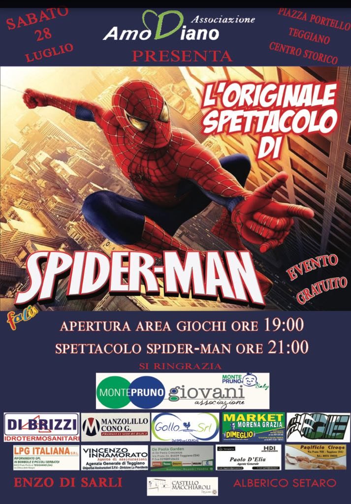 Teggiano: il 28 luglio in scena l’originale spettacolo di Spiderman grazie all’associazione AmoDiano