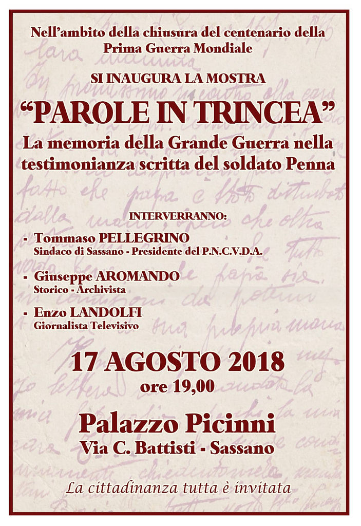 Sassano: domani apertura della mostra “Parole in trincea” con le testimonianze del soldato Penna