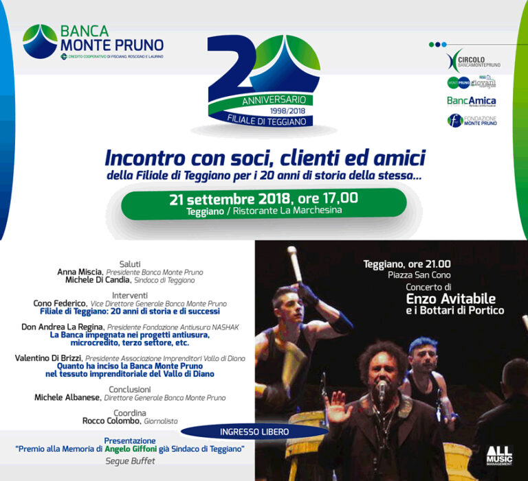 Banca Monte Pruno.Il 21 settembre concerto di Enzo Avitabile per il ventennale della Filiale di Teggiano