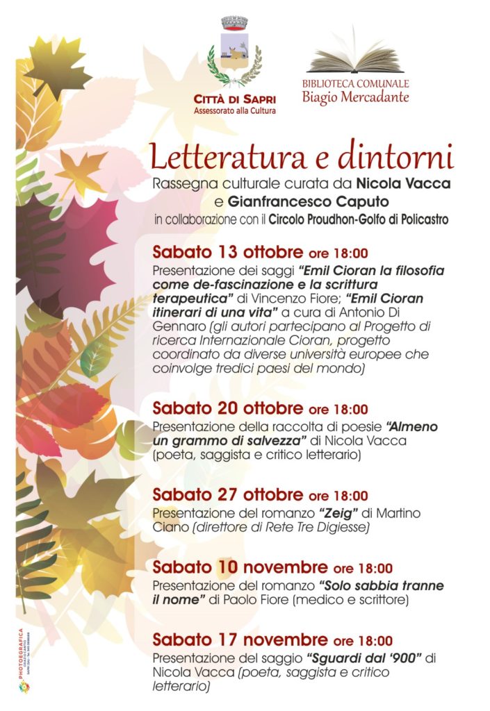 Fino al 17 novembre la rassegna culturale “Letteratura e dintorni” sarà di scena a Sapri ogni sabato