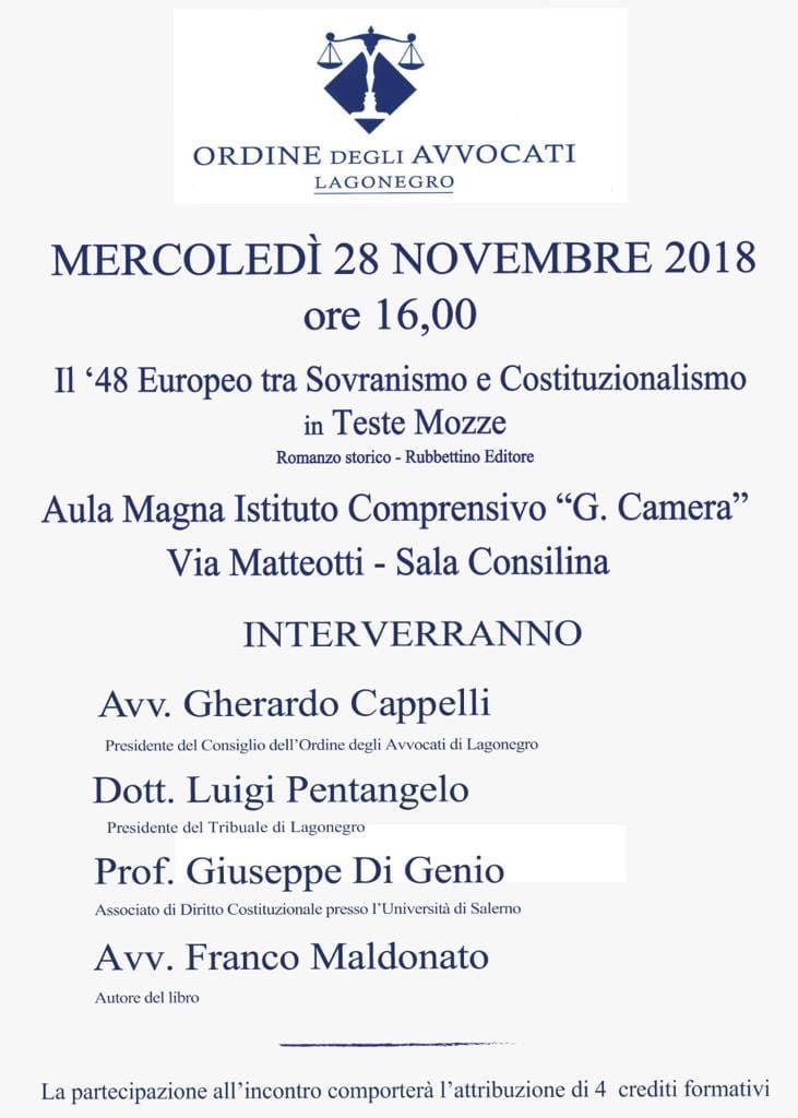 Sala Consilina: domani incontro dell’Ordine degli Avvocati sul ’48 Europeo nel romanzo “Teste Mozze”