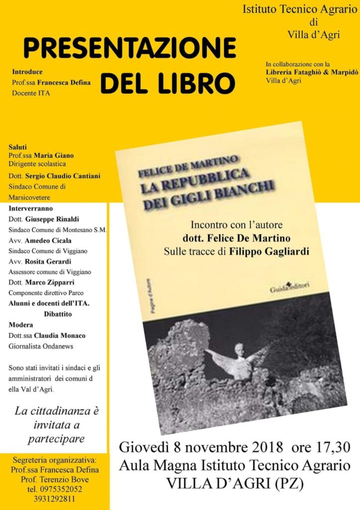 A Villa d’Agri domani la presentazione de “La Repubblica dei gigli bianchi” di Felice De Martino