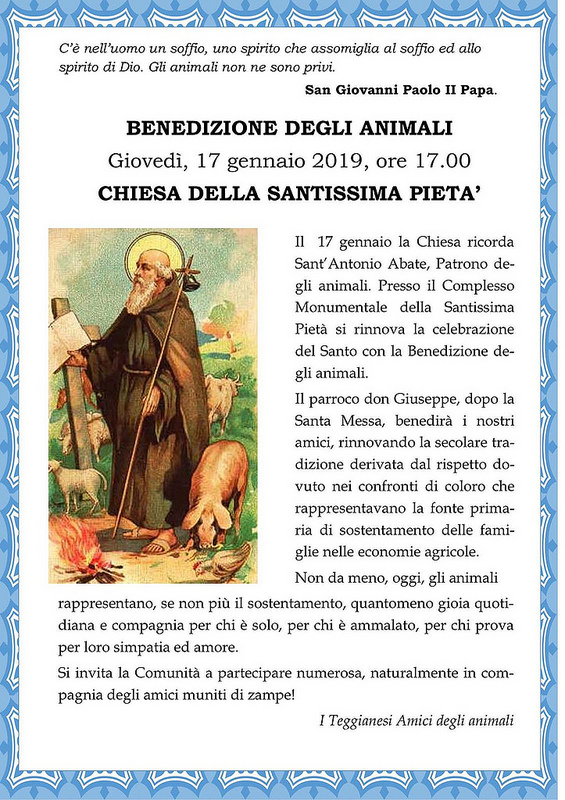 Il 17 gennaio a Teggiano la benedizione degli animali nella chiesa della Santissima Pietà