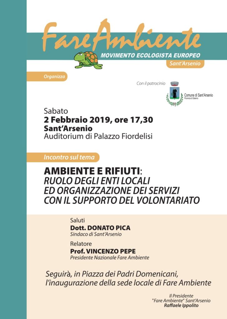 Sant’Arsenio: il 2 febbraio inaugurazione della sede locale di Fare Ambiente