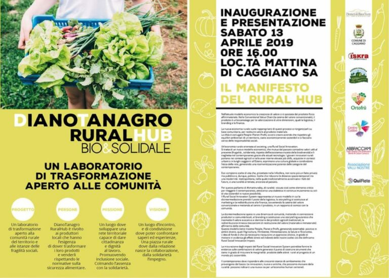 Oggi a Caggiano l’inaugurazione del progetto “DianoTanagro RuralHub”