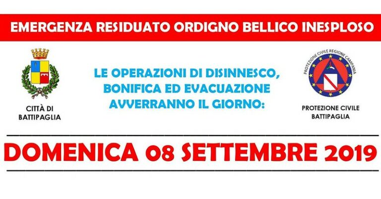 Emergenza ordigno bellico a Battipaglia. Fissate per l’8 settembre le operazioni di bonifica