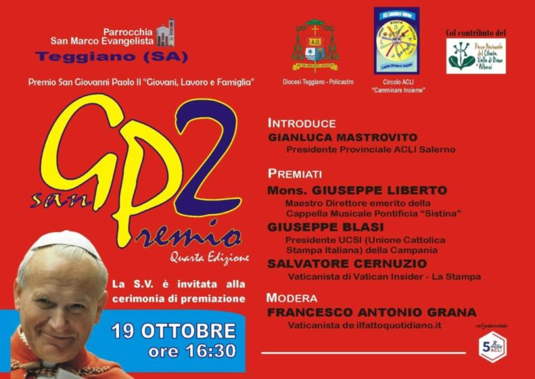 Torna il Premio San Giovanni Paolo II alla Parrocchia San Marco di Teggiano. Appuntamento il 19 ottobre