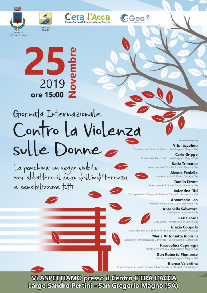 Il 25 novembre a San Gregorio Magno inaugurazione di una panchina rossa contro la violenza sulle donne