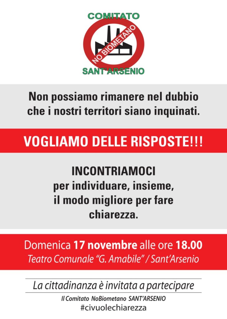 Vallo di Diano inquinato?Comitato “No Biometano” di Sant’Arsenio ne parla il 17 novembre con i cittadini