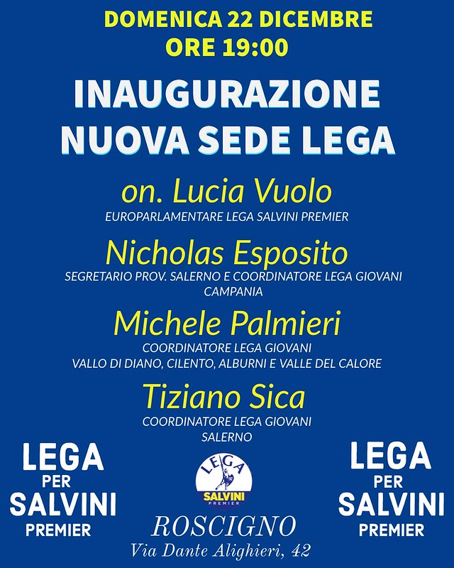 Il 22 dicembre a Roscigno inaugurazione della nuova sede della Lega – Salvini Premier